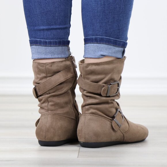 Taupe Faux Leather Slouch Ankle Boots Side Zipper Buckle Strap Flat Sole - Picture 7 of 12